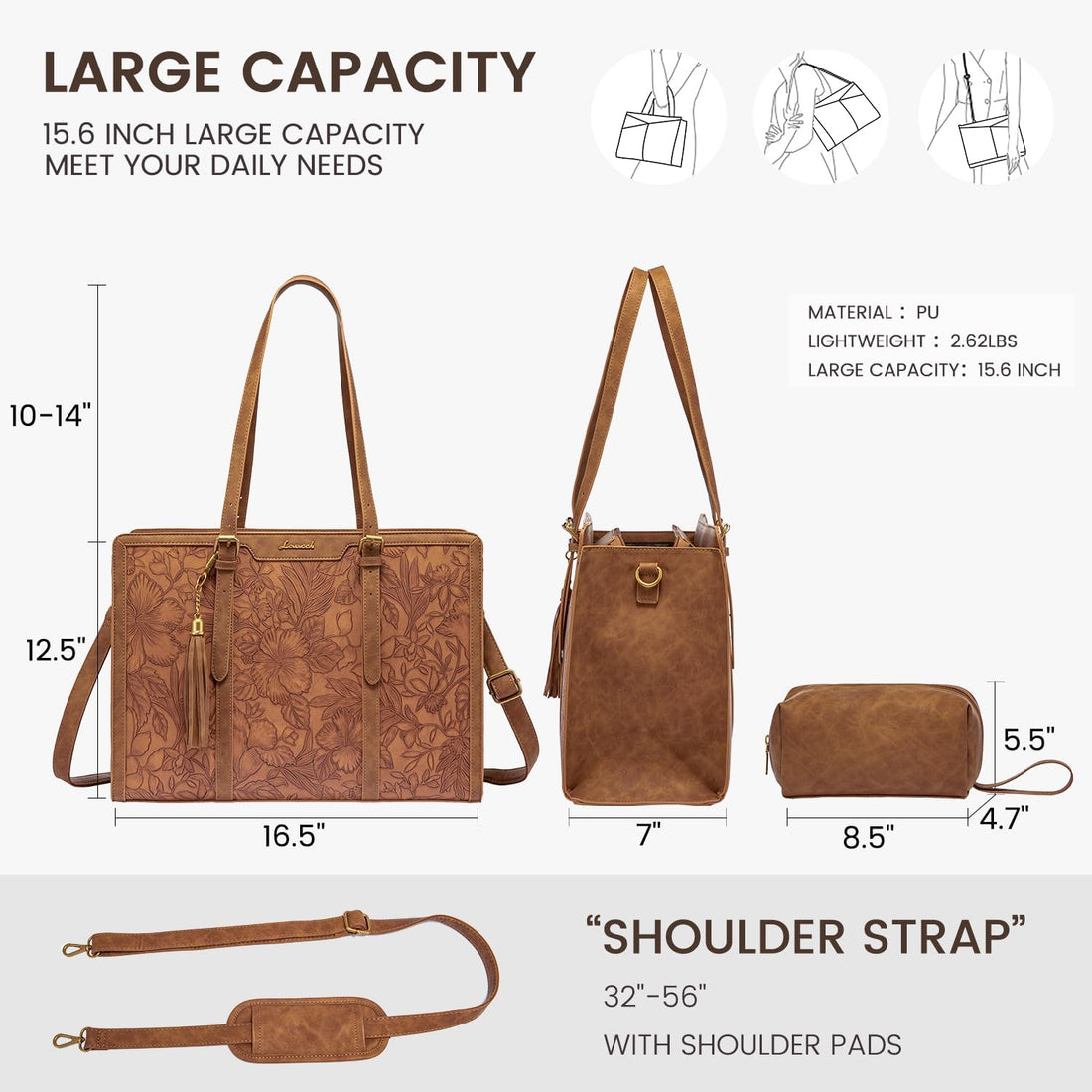 LOVEVOOK Laptop Bag for Women Vintage Leather Work Tote 15.6 inch Large Capacity