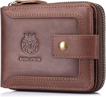 Genuine Leather Zipper Wallet for Men RFID Blocking Large Capacity Vintage Wallet